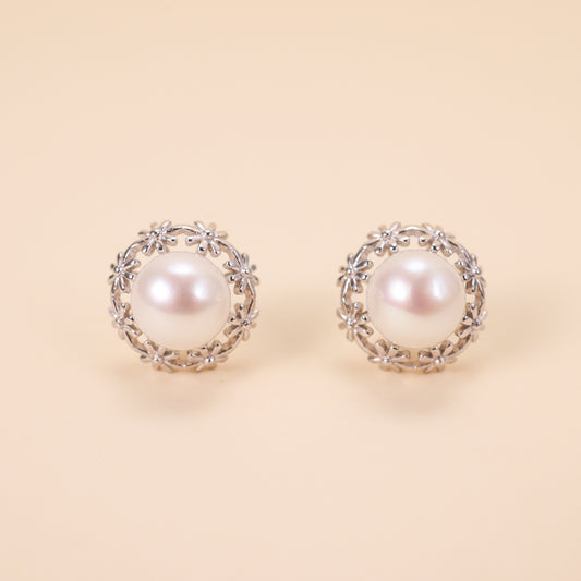 LVE001 Flower With Freshwater Cultured Pearl Earrings