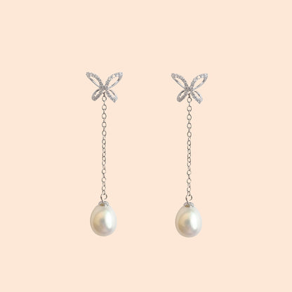 LVE040 Butterfly with Freshwater Cultured Pearl Two-Way Earrings